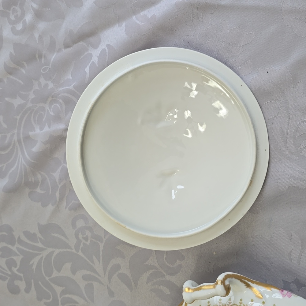 Vintage PL Limoges France M Redon Round Dish Lid Handles Pink Roses - Picture 12 of 17